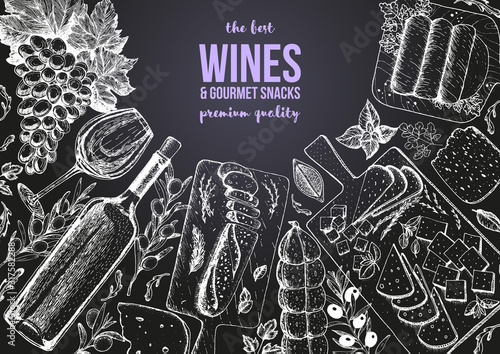 Wines and gourmet snacks frame vector illustration. Cheese, sausages, bread, grape hand drawn. Gourmet food set