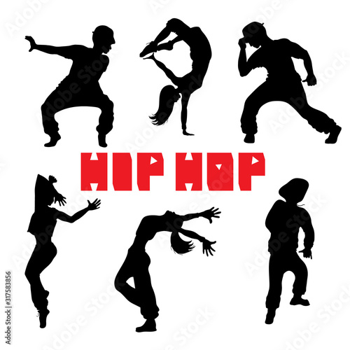 Set of hip hop dancer silhouettes on white background. Stylish athletic young men women in dance pose. Black and white stock vector illustration