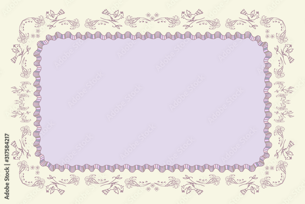 Beautiful frame in pastel colors for the design of a greeting card, Valentine, wedding invitation, web banner. Floral doodle style seamless pattern brush of two types. Sketch for freehand brush.
