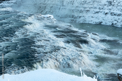 The Gullfoss double tiered waterfall in Iceland in the winter