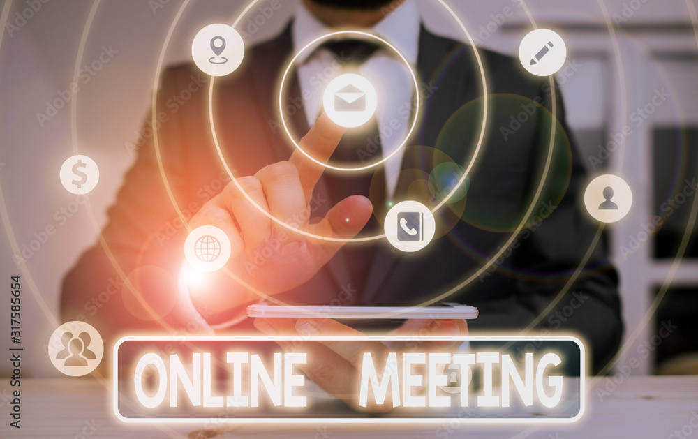 Conceptual hand writing showing Online Meeting. Concept meaning a meeting that takes place over an electronic medium