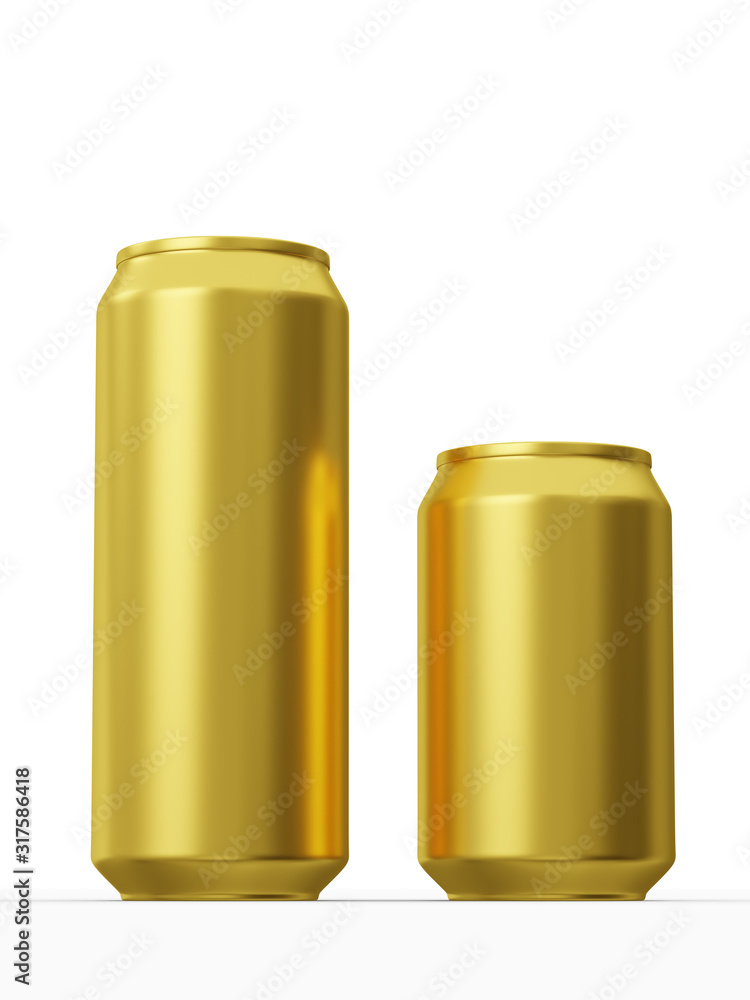 Golden cans for beverages. Can 500ml and 330ml. 3d illustration Golden cans for beverages. Can 500ml and 330ml. 3d illustration