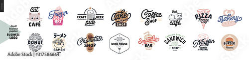 Logo - cafe and restaurants. Cat cafe, frozen yoghurt bar, donut, ramen, craft beer pub, cake, chocolate, wine house, coffee shop, smoothie bar, sandwich, pizza, bakery, muffins, cupcakes, burger