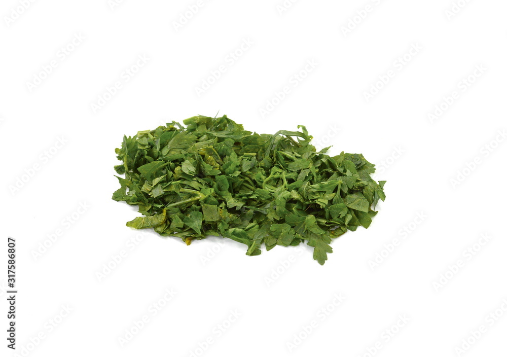 Fototapeta premium chopped fresh celery leaves isolated on white. Aromatic Spice celery leaves.