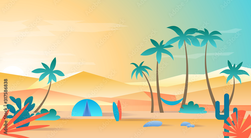 Sunset, sunrise by the sea, ocean. Vector image of a holiday on the beach. Background with cacti, tent, surfboards. Summer landscape illustration with palms. Flat design