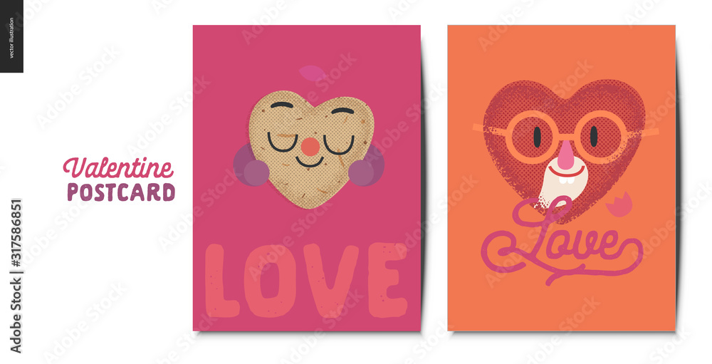 Valentines postcards -Valentines day graphics. Modern flat vector concept illustration - greeting cards - happy hearts in love - potato and aged bearded man Valentines postcards -Valentines day graphics. Modern flat vector concept illustration - greeting cards - happy hearts in love - potato and aged bearded man