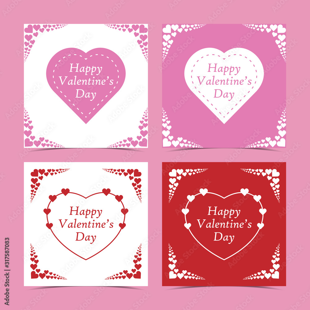 Happy Valentine's Day set cards with frame from hearts and big heart and lettering in the middle in pink, red and white colours. Design for cards, flyers