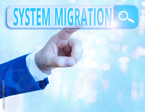 Word writing text System Migration. Business photo showcasing moving from the use of one operating environment to another photo