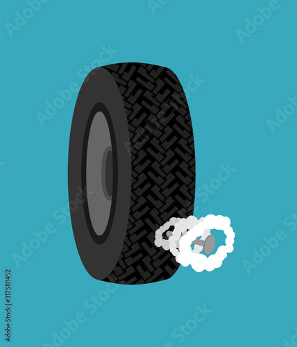 Nail into tire. Car Wheel Blown Off. vector illustration