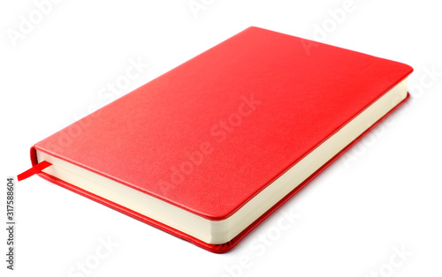 Stylish red hardcover notebook isolated on white. Office stationery