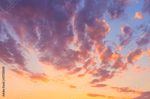 Fantastic beautiful dramatic sunset sky with clouds. Free space. 