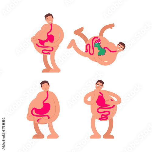 Sick stomach set. Heaviness in belly. bloating and nausea. vector illustration 