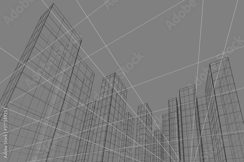 Abstract architectural background. Linear 3D illustration. Concept sketch. Vector