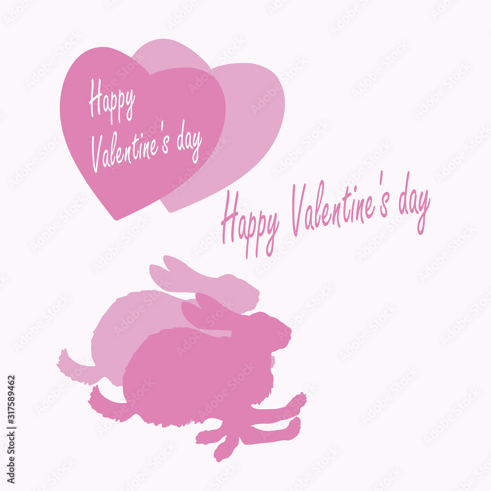 pink colored silhouettes of hearts with inscription and Bouncing rabbits , isolated image on white background for decoration and packing holiday of Valentine's Day