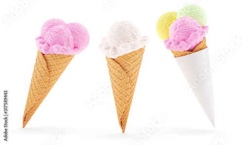 Valokuva Set of ice-cream cones in crisp waffles with vanilla and fruity flavoured scoops in white paper packaging
