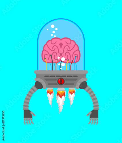 Brain with robot hands. Artificial intelligence with human organs. Technology of the future. Brain cyborg with iron hands. Robotic intelligence