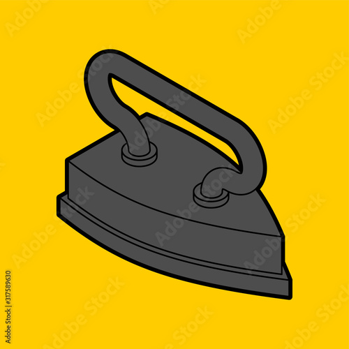 Old retro iron isolated. Heavy heated metal appliance for ironing linen, fabrics. vector illustration