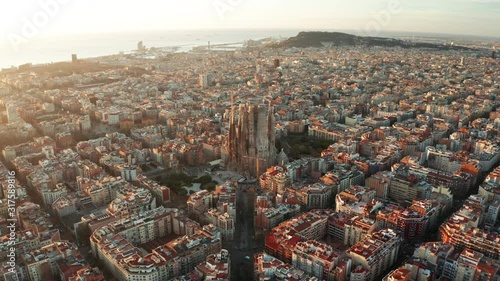 Dawn aerial view of Barcelona with beautiful patterns in Spain.