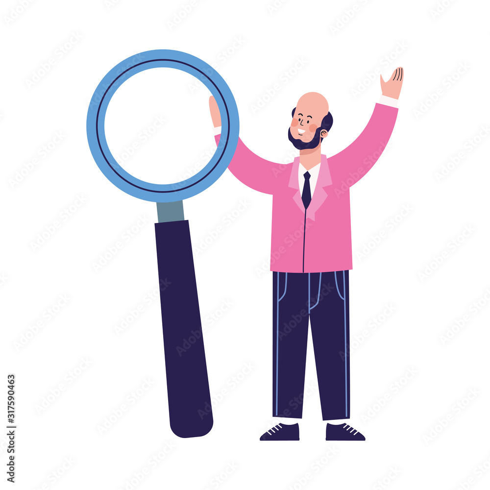 cartoon businessman with big magnifying glass cartoon businessman with big magnifying glass
