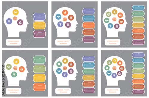 Set infographic, head of man, concept thinking human, startup business concept, template for 3, 4, 5, 6, 7, 8 positions, steps, options or parts