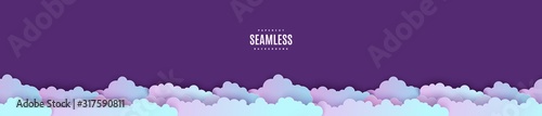 Night sky seamless pattern in paper cut style. Cut out 3d background with violet and blue gradient cloudy landscape papercut art. Cute origami clouds repetitive border. Vector card illustration