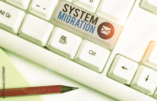 Writing note showing System Migration. Business concept for moving from the use of one operating environment to another photo