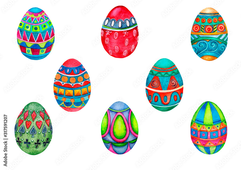 Easter eggs design. Watercolor set of isolated elements on a white background.