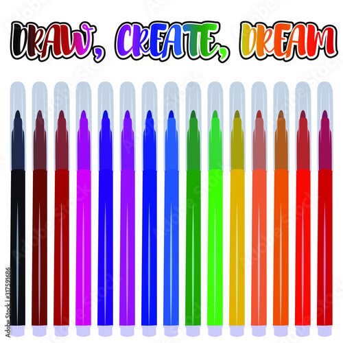Set of fifteen markers with basic colors for drawing and painting. For sale and advertising markers and drawing them. Felt-tipped pen for courses on drawing. Set of markers with a cap for children.