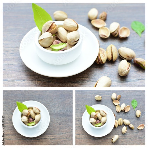 Pistachios collage on wooden background