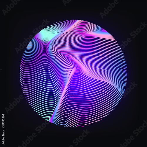 Illuminated holographic circle with glitched texture, wavy lines. Retrofuturistic illustration in 80s-90s Vaporwave, synthwave, retrowave style.