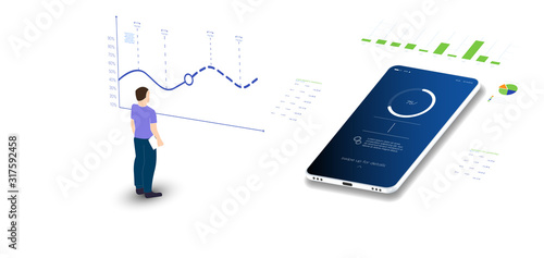 Mobile apps and development, the developer looks at the app sales charts, isometry in blue. Mockup digital technology transfer pay.mobile payment, online concept. Internet payments Vector illustration