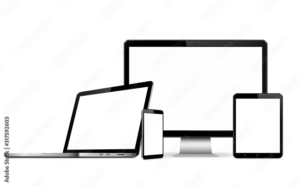 Set of blank screens with computer monitor, laptop, tablet, and smartphone Set of blank screens with computer monitor, laptop, tablet, and smartphone