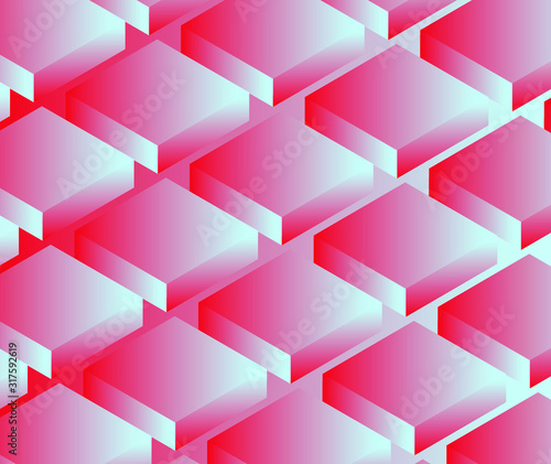 Abstract retrofuturistic background with repetative pattern of neon rectangular 3d shapes in isometric projection. Vaporwave and synthwave 80's-90's aesthetics style illustration.