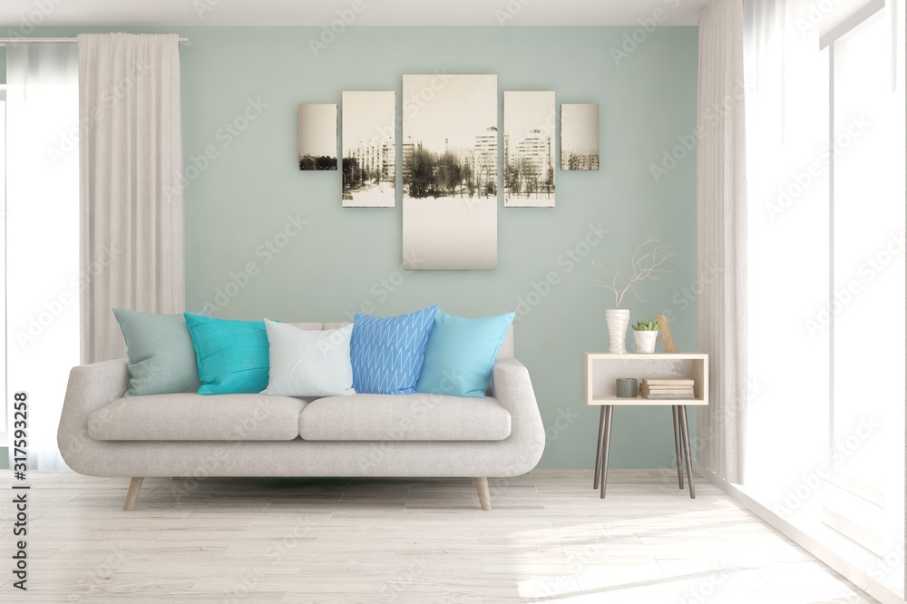 Stylish room in white color with sofa. Scandinavian interior design. 3D illustration Stylish room in white color with sofa. Scandinavian interior design. 3D illustration
