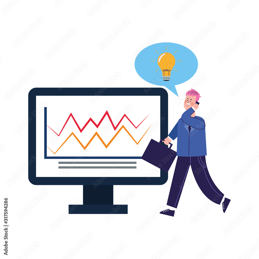 businessman with computer with graphic chart, colorful design businessman with computer with graphic chart, colorful design