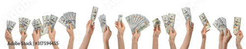 Collage of women with money on white background, closeup. American dollars