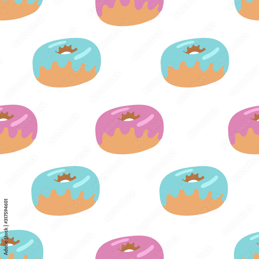 Donuts Seamless Pattern. Multi-colored donuts. Suitable for festive decor.Vector illustration of donuts.Hand drawn illustration. Delicious dessert