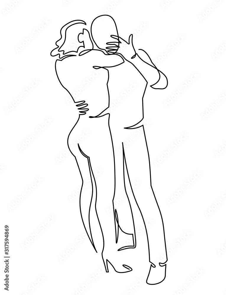 Romantic relationship continuous one line drawing. Romance, young couple in love hug vector art