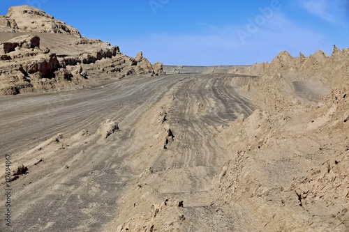 Yardangs-wind eroded rock and bedrock surfaces-alternating ridges and furrows-Qaidam desert-Qinghai-China-0549