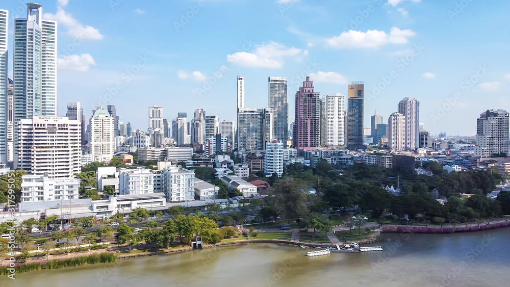 Bangkok skyline, Thailand. Aerial view of city buildings from Benjakitti Park