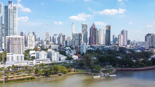 Bangkok skyline  Thailand. Aerial view of city buildings from Benjakitti Park