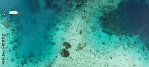 Overhead aerial view of colourful coral reef