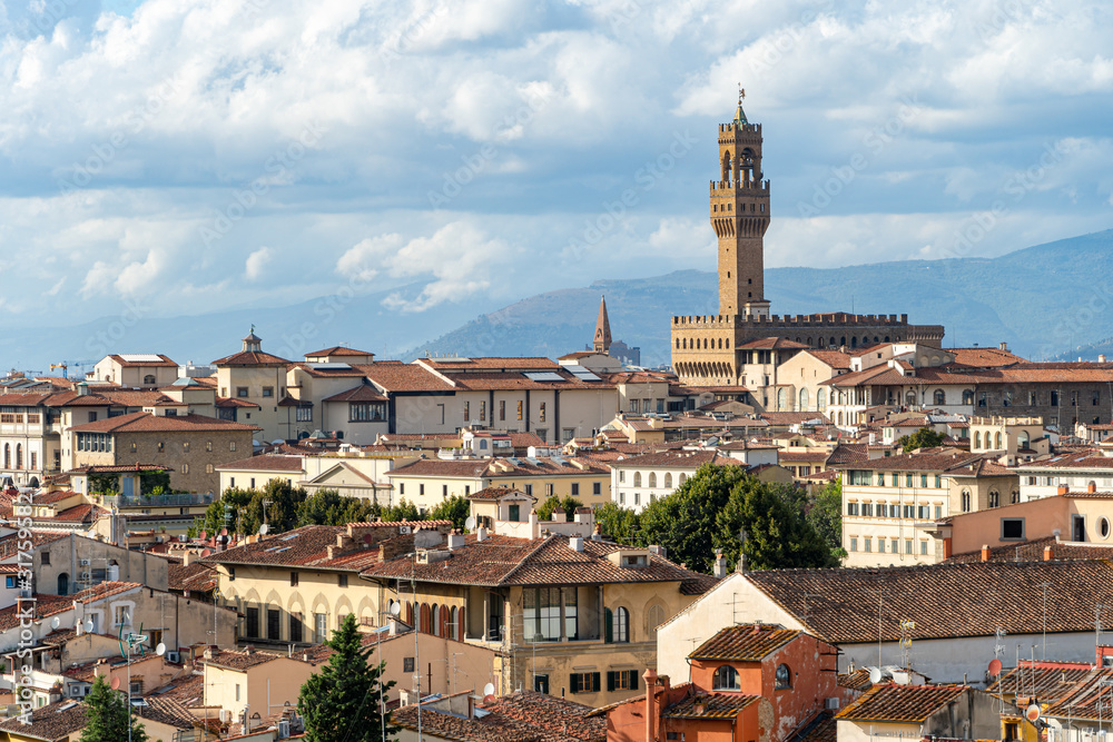 Florence panorama, Cathedral Santa Maria Del Fiore and Basilica di Santa Croce from Piazzale Michelangelo