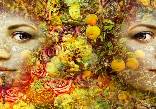 Fototapeta Naklejka Na Ścianę i Meble -  Art spring portrait of a woman with lemons and flowers