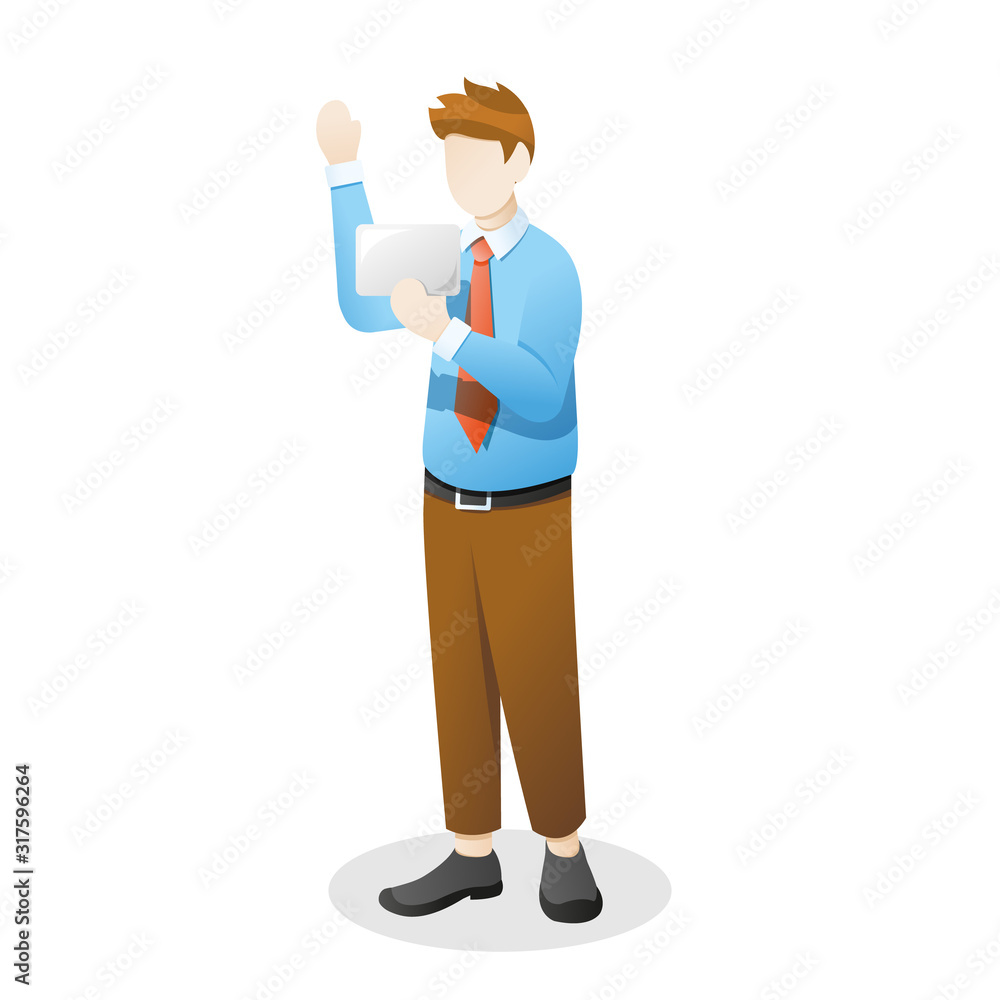 Employee or a businessman waving hand and holding something goods Employee or a businessman waving hand and holding something goods