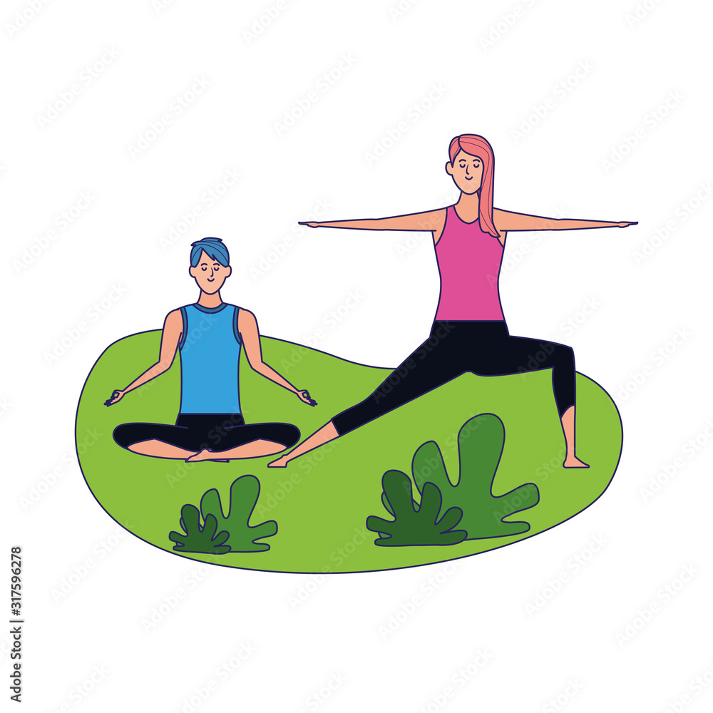 relaxed couple doing yoga outdoor, colorful design