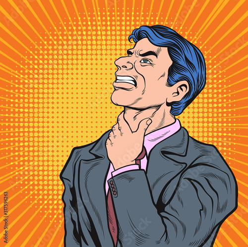 This man has a sore throat, unable to swallow, he suffered a lot. retro vector illustration comic. Separate images of people from the background.