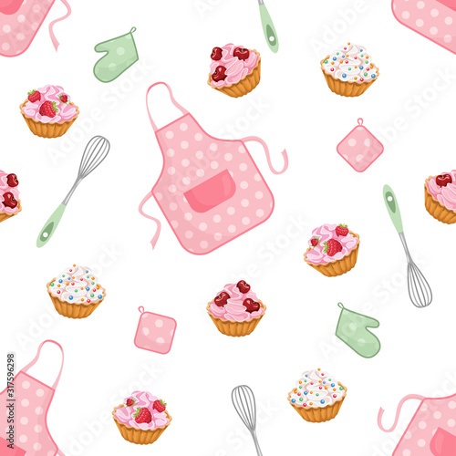 Confectionery seamless pattern. Vector illustration of sweet cupcake, pink apron, whisk, potholder and mittens isolated on white. Cartoon flat style. Kitchen, bakery, cooking background.