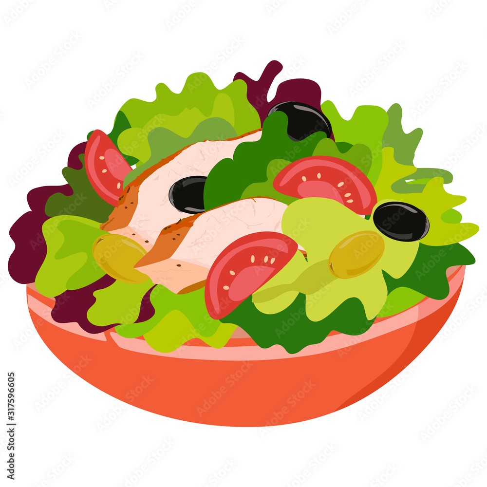 Hand drawn sketch of fresh salad with greens, olives, cherry tomatoes,  onions, cheese and cucumber. Organic food. Vector illustration on white  background. Stock Vector | Adobe Stock