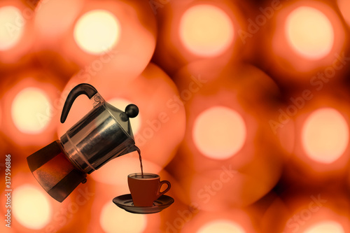 moka pot coffee maker that pours coffee into the cup in glamour lights background